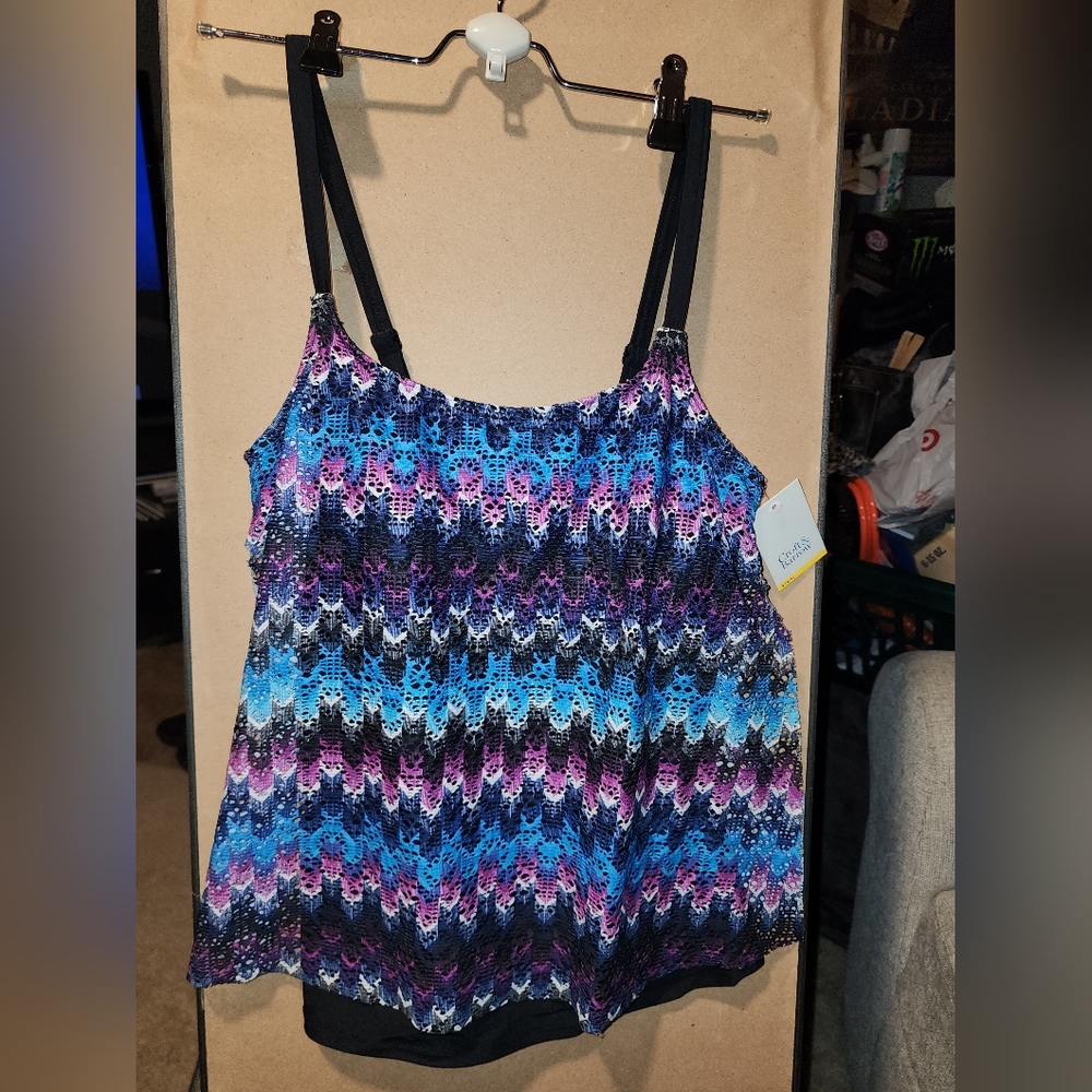 New Croft & Barrow Vented Crochet Side Split Tankini Swim Block Chev Colorful